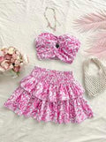 Conjunto de 2 piezas de estilo vacacional: top bandeau trenzado y minifalda con volantes, en azul y blanco